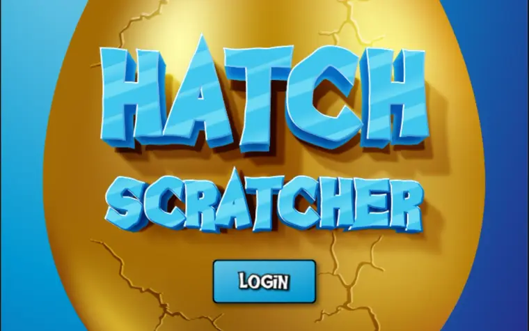 Hatch Scratcher's title screen: the game's name on a cracked golden egg, with a Login button.