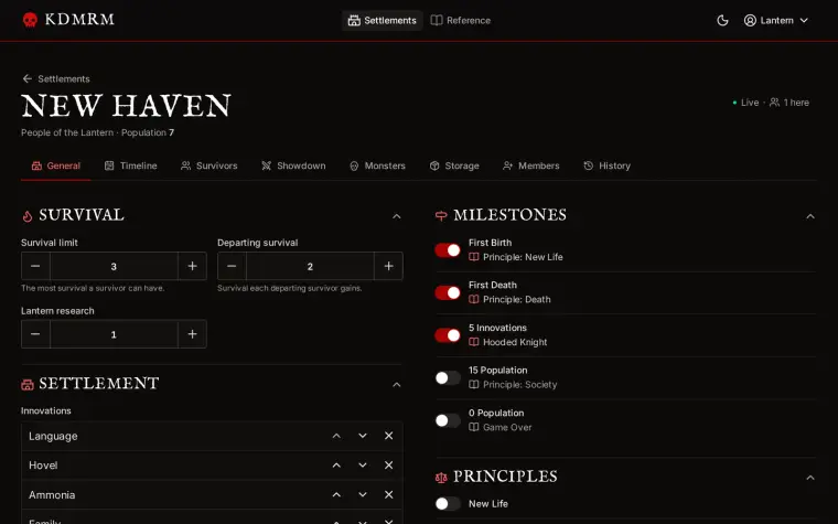 Kingdom Death: RIP's settlement page for a sample settlement, New Haven: survival counters, innovations and milestones.