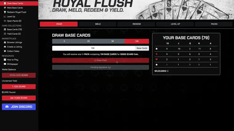 A frame from the Royal Flush demo video: the Draw Base Cards screen, with the player's 79 base cards counted by suit and rank.