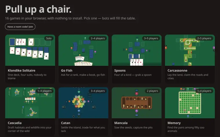 Tableforge's lobby: "Pull up a chair." over a grid of games: Klondike Solitaire, Go Fish, Spoons, Carcassonne, Cascadia, Catan, Mancala and Memory.